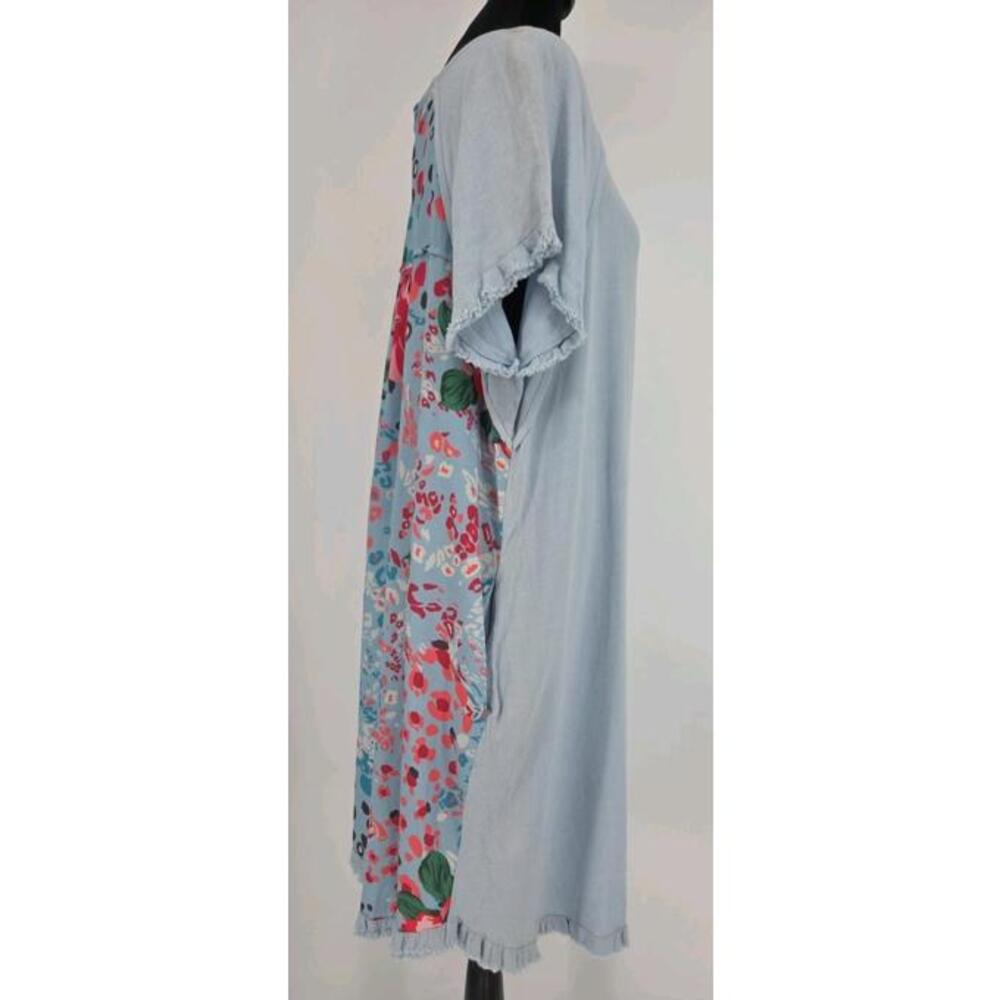 Umgee Womens XL Linen Shift Dress Blue High Low Raw Hem Short‎ Sleeve - Picture 2 of 6